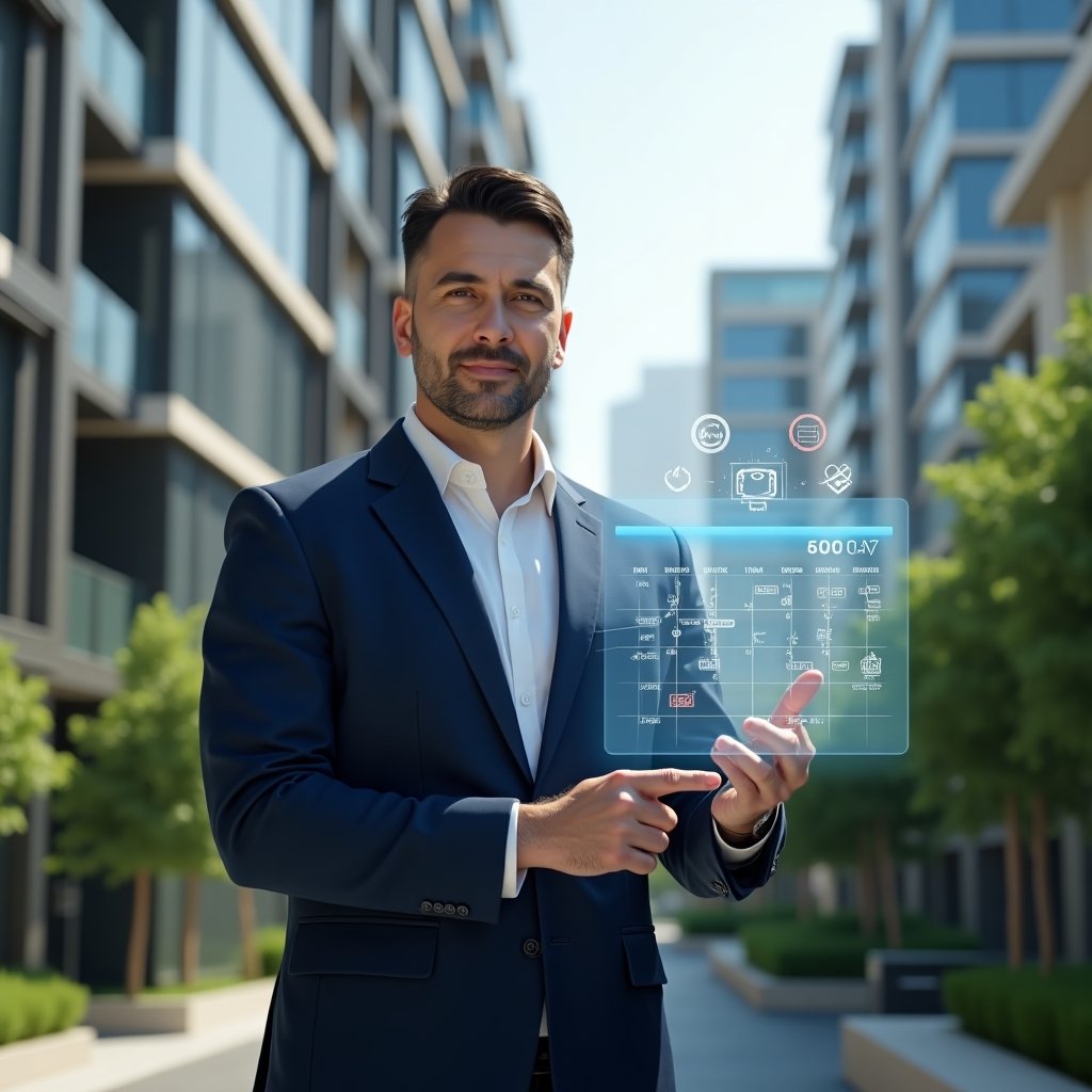 (Ultra-realistic condominium manager in a navy blue suit, set in a modern luxury condominium environment with high-rise buildings and lush green landscaping, holding a transparent holographic calendar and pointing to scheduled maintenance tasks, with floating icons of tools and checkmarks symbolizing organization, confident and focused expression, cinematic lighting, shallow depth of field, highly detailed textures, realistic skin, photographic realism, 8k resolution --ar 1:1 --v 6)
