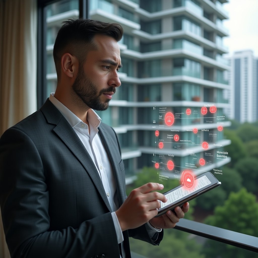 (Ultra-realistic condominium manager in a charcoal gray executive suit, set in a modern luxury condominium environment with high-rise buildings and manicured gardens, examining a translucent holographic schedule with red delay icons and checklists floating before them, looking analytical and concerned, subtle holographic clock and cleaning tools icons orbiting around, cinematic lighting, shallow depth of field, highly detailed textures, realistic skin, photographic realism, 8k resolution --ar 1:1 --v 6)