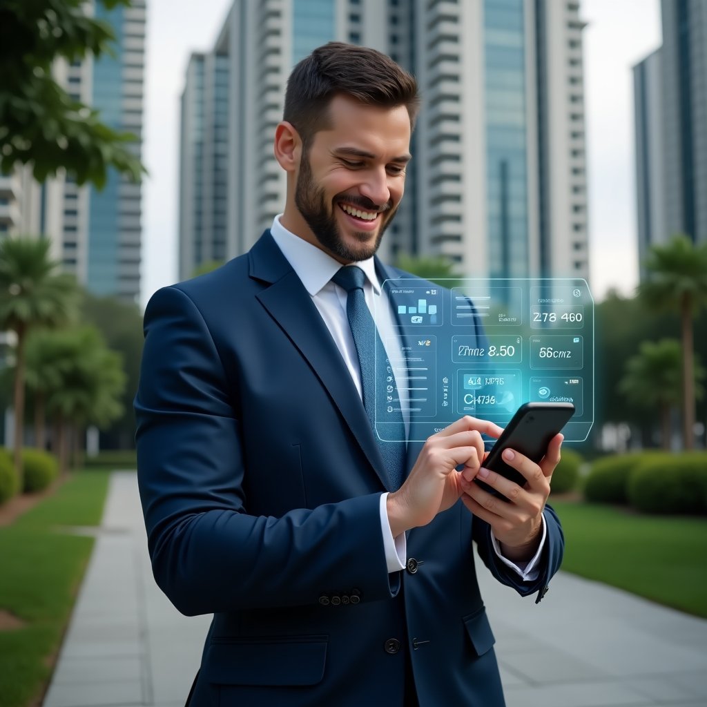 (Ultra-realistic condominium manager in a tailored navy-blue suit, set in a modern luxury condominium environment with high-rise buildings and lush green landscaping, holding a smartphone at eye level and tapping on a holographic financial dashboard, confident smile, floating icons of charts and task lists around the device, cinematic lighting, shallow depth of field, highly detailed textures, realistic skin, photographic realism, 8k resolution --ar 1:1 --v 6)