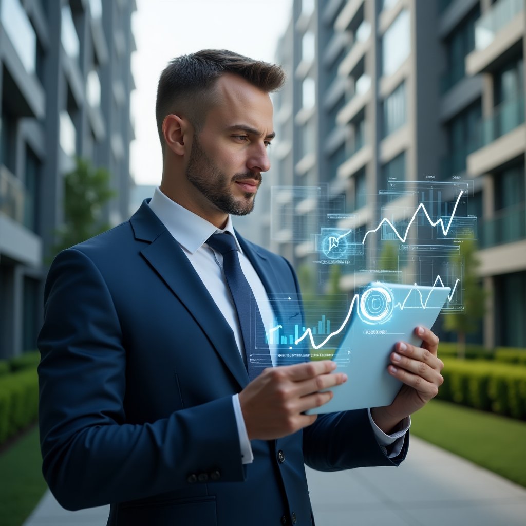 Ultra-realistic professional condominium manager in a navy blue suit, set in a modern luxury condominium environment with high-rise buildings and manicured green landscaping, mid shot of a confident manager reviewing holographic financial graphs and charts, transparent ledger icons floating around, cinematic lighting, shallow depth of field, highly detailed textures, realistic skin, photographic realism, 8k resolution --ar 1:1 --v 6