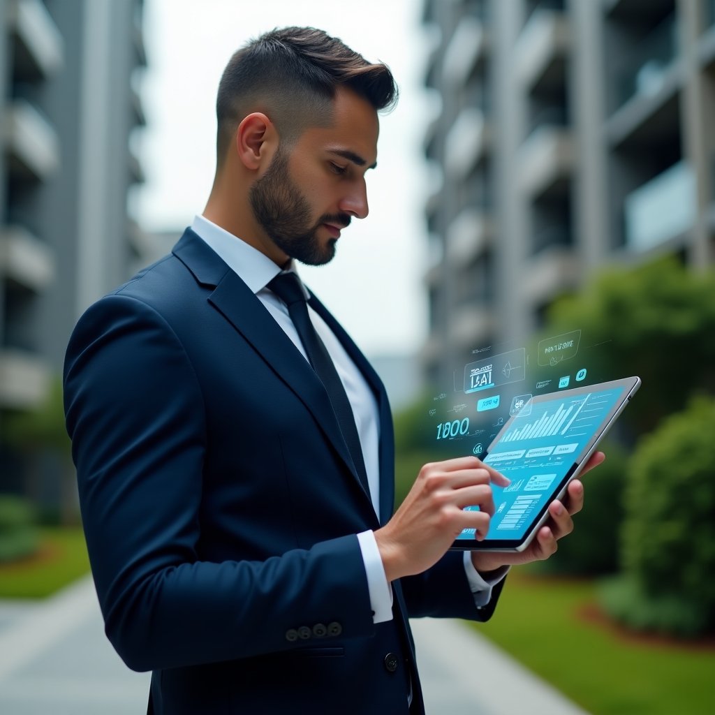(Ultra-realistic condominium manager in a navy suit, set in a modern luxury condominium environment with high-rise buildings and manicured green landscaping, confidently reviewing a digital tablet displaying holographic financial charts and expense reduction icons, cinematic lighting, shallow depth of field, highly detailed textures, realistic skin, photographic realism, 8k resolution --ar 1:1 --v 6)
