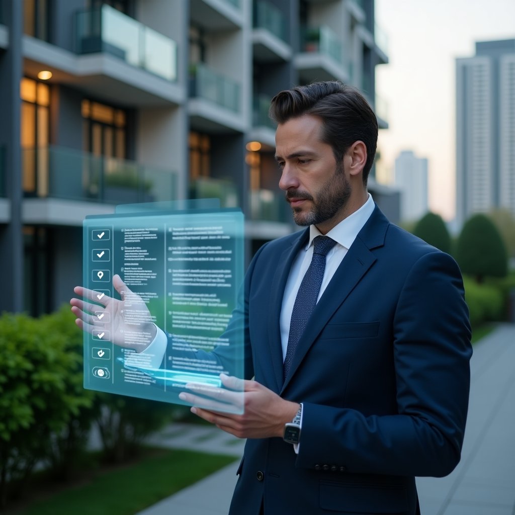 Ultra-realistic condominium manager in a dark blue tailored suit, set in a modern luxury condominium environment with high-rise buildings and manicured green landscaping, reviewing a holographic task schedule with floating checklist icons and calendar markers, confident and focused expression, cinematic lighting, shallow depth of field, highly detailed textures, realistic skin, photographic realism, 8k resolution --ar 1:1 --v 6