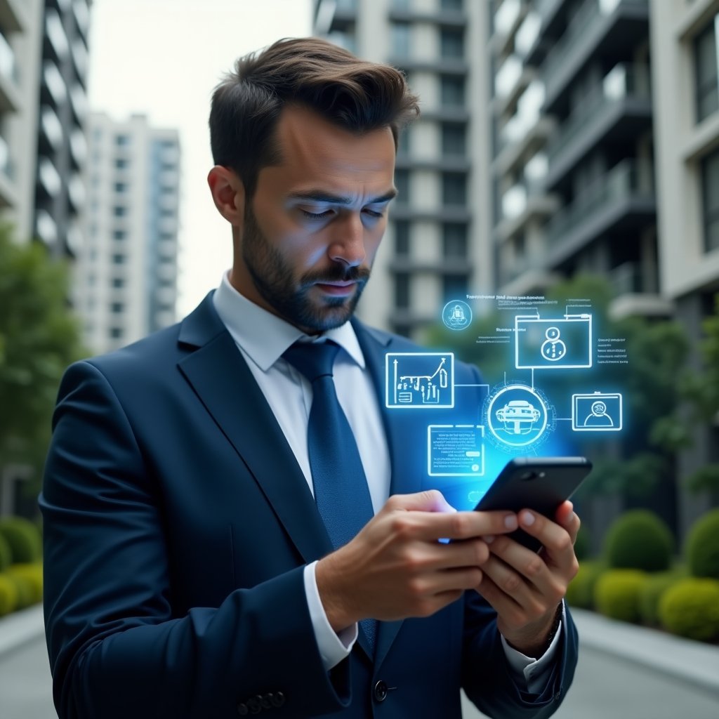 (Ultra-realistic condominium manager in a dark blue suit, set in a modern luxury condominium environment with high-rise buildings and manicured greenery, examining a holographic smartphone interface displaying warning icons and error alerts, floating app screens symbolizing management pitfalls, serious and thoughtful expression, cinematic lighting, shallow depth of field, highly detailed textures, realistic skin, photographic realism, 8k resolution --ar 1:1 --v 6)