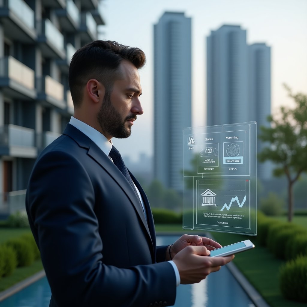 Ultra-realistic condominium manager in a navy executive suit, set in a modern luxury condominium environment with high-rise buildings and green landscaping, holding a digital tablet and thoughtfully reviewing a holographic interface of a management app displaying warning icons and analytics graphs, cinematic lighting, shallow depth of field, highly detailed textures, realistic skin, photographic realism, 8k resolution --ar 1:1 --v 6