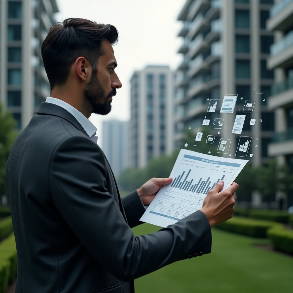 Ultra-realistic condominium manager in a charcoal gray suit, set in a modern luxury condominium environment with high-rise buildings and manicured green landscaping, mid-shot of him analyzing a holographic financial report with floating icons of charts, receipts and ledgers, focused and confident expression, cinematic lighting, shallow depth of field, highly detailed textures, realistic skin, photographic realism, 8k resolution --ar 1:1 --v 6