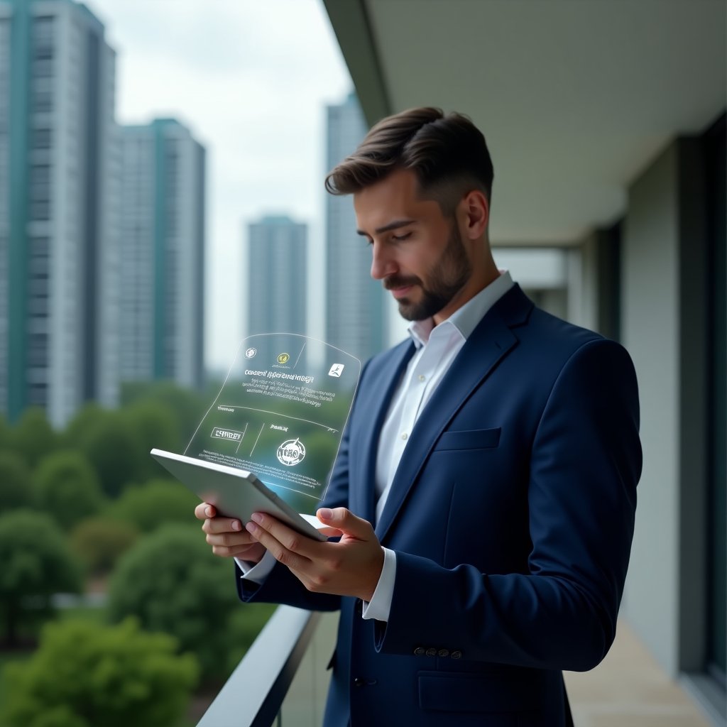 Ultra-realistic condo manager in a navy executive suit, set in a modern luxury condominium environment with high-rise buildings and manicured greenery visible in the background, medium shot with shallow depth of field, the manager thoughtfully analyzing a tablet displaying floating holographic app icons and error alerts, subtle charts and warning symbols orbiting the device, cinematic lighting, highly detailed textures, realistic skin, photographic realism, 8k resolution --ar 1:1 --v 6