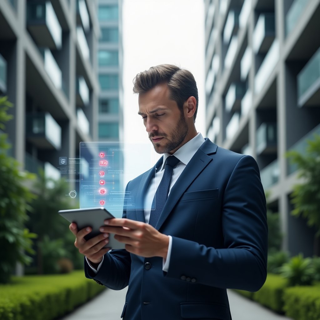 (Ultra-realistic condominium manager in a tailored navy blue suit, set in a modern luxury condominium environment with high-rise buildings and manicured green landscaping, examining a tablet projecting a holographic checklist marked with red error icons while appearing thoughtful and focused, floating app interface elements and digital charts surrounding him, cinematic lighting, shallow depth of field, highly detailed textures, realistic skin, photographic realism, 8k resolution --ar 1:1 --v 6)