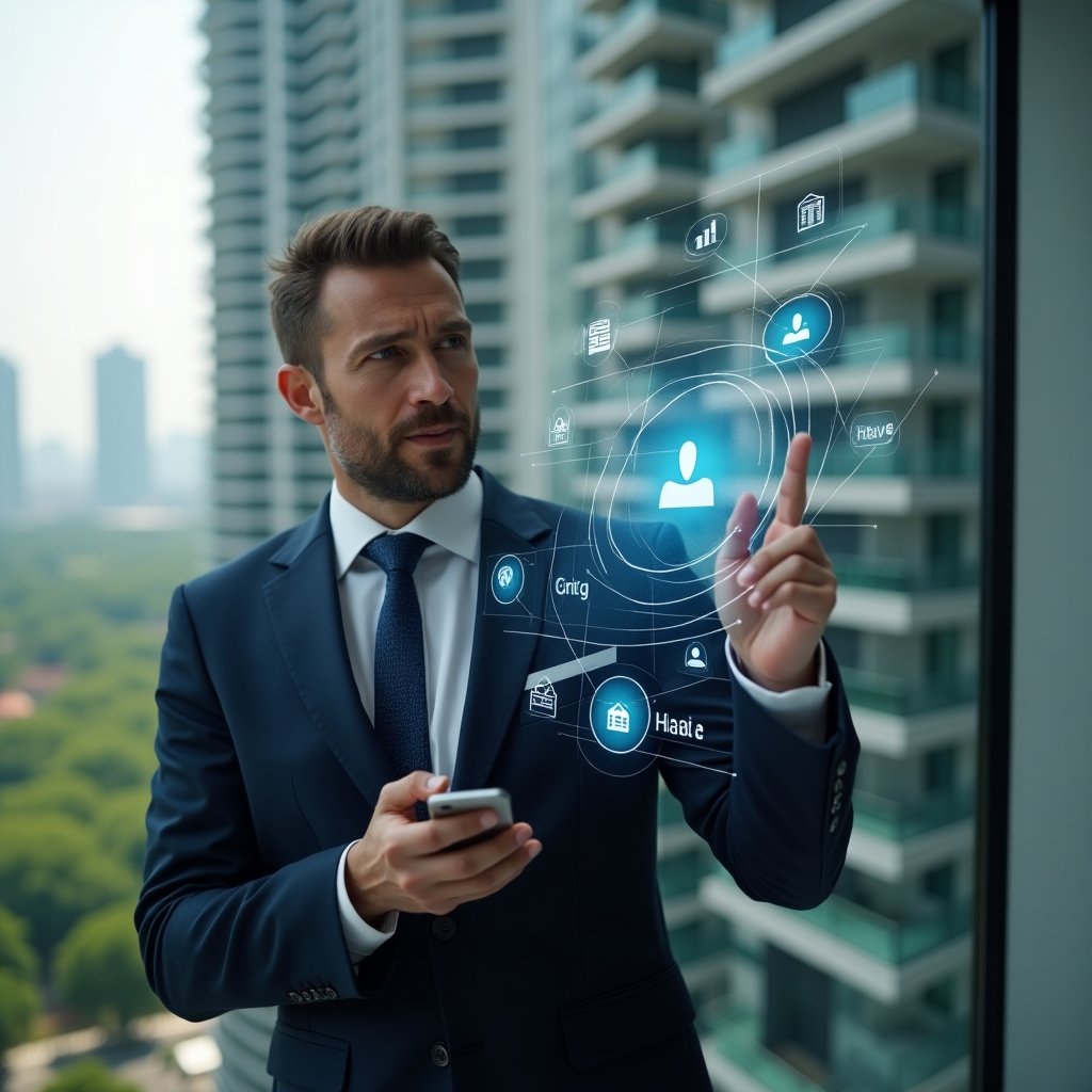 Ultra-realistic condominium manager in a tailored navy suit, set in a modern luxury condominium environment with high-rise buildings and lush green landscaping visible through floor-to-ceiling windows, holding a smartphone and pointing at a holographic dashboard displaying app icons and data charts, expression focused and confident, symbolizing avoidance of management errors, cinematic lighting, shallow depth of field, highly detailed textures, realistic skin, photographic realism, 8k resolution --ar 1:1 --v 6