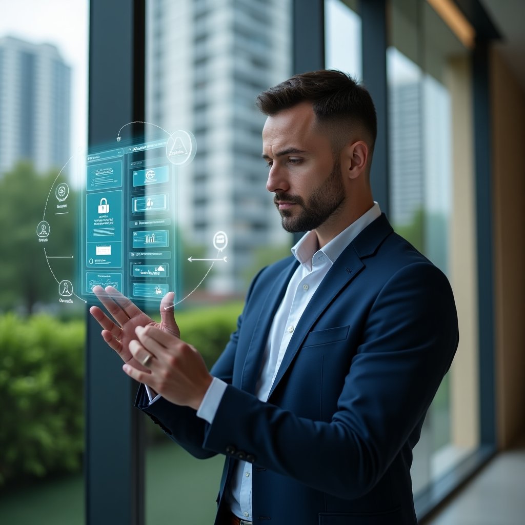 (Ultra-realistic condominium manager in a navy blue suit, set in a modern luxury condominium environment with high-rise buildings and manicured green gardens, examining a floating holographic interface displaying alerts and analytics of a digital management app, holographic icons of a padlock for data security and chat bubbles for communication around them, thoughtful and confident expression, cinematic lighting, shallow depth of field, highly detailed textures, realistic skin, photographic realism, 8k resolution --ar 1:1 --v 6)