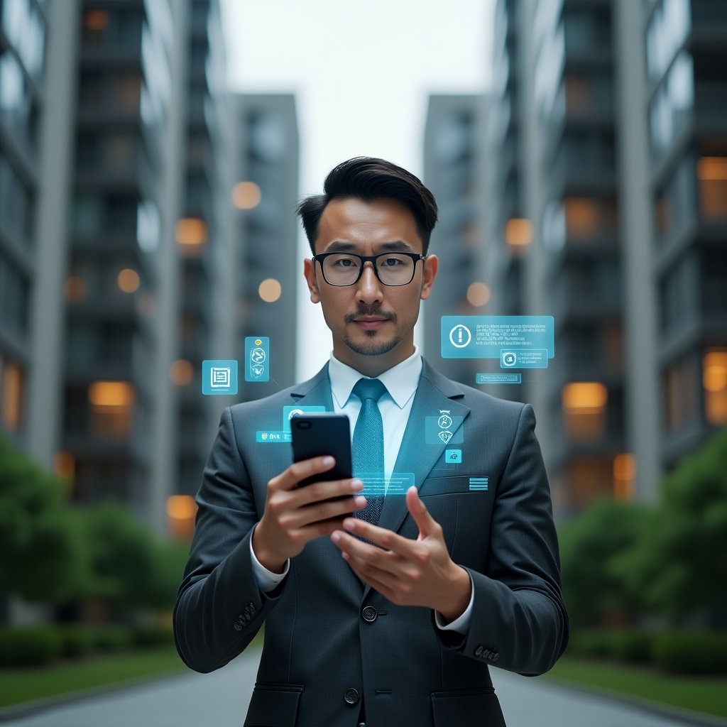 (Ultra-realistic condominium manager in a charcoal gray executive suit, set in a modern luxury condominium environment with high-rise buildings and manicured green landscaping, holding and analyzing a holographic smartphone interface displaying warning icons and error alerts, holographic app elements floating around to symbolize common management mistakes, thoughtful and confident expression, cinematic lighting, shallow depth of field, highly detailed textures, realistic skin, photographic realism, 8k resolution --ar 1:1 --v 6)