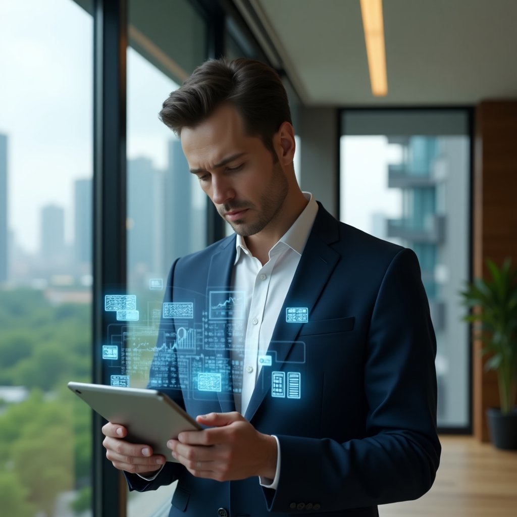 Ultra-realistic condominium manager in a navy blue suit and crisp white shirt, set in a modern luxury condominium environment with high-rise buildings and lush green landscaping visible through floor-to-ceiling windows, reviewing transparent holographic financial charts and documents on a sleek tablet, holographic icons of receipts, ledgers and calculators floating around, serious and confident expression, cinematic lighting, shallow depth of field, highly detailed textures, realistic skin, photographic realism, 8k resolution --ar 1:1 --v 6