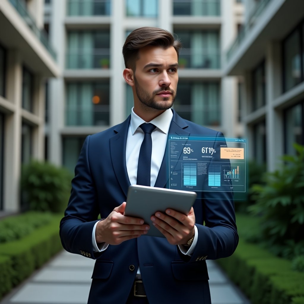 Ultra-realistic condominium manager in a navy executive suit, set in a modern luxury condominium environment with high-rise buildings and manicured green gardens, holding a tablet displaying a holographic financial report with highlighted errors, looking thoughtful and confident, holographic icons of charts and receipts floating beside them, cinematic lighting, shallow depth of field, highly detailed textures, realistic skin, photographic realism, 8k resolution --ar 1:1 --v 6