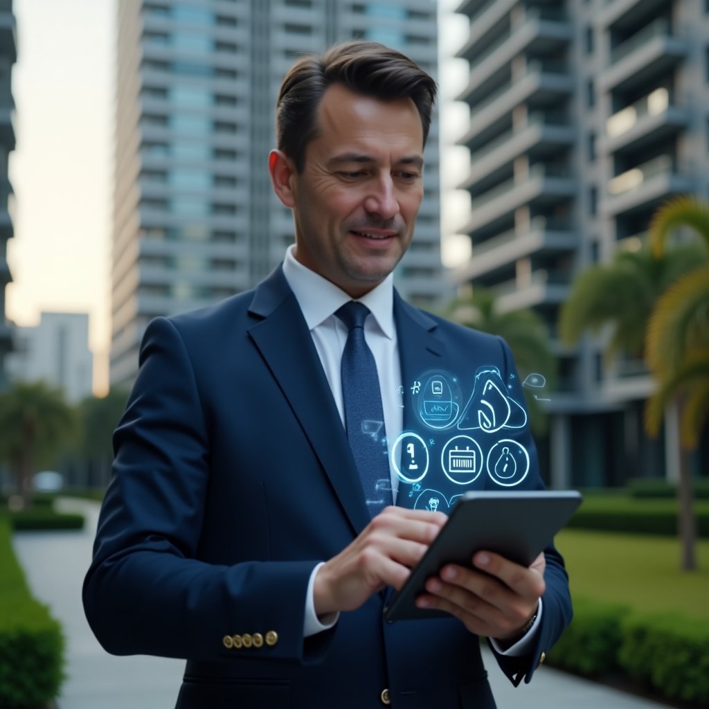 (Ultra-realistic condominium manager in a navy blue suit, set in a modern luxury condominium environment with high-rise buildings and manicured green landscaping, holding a tablet displaying a digital checklist with warning icons, holographic error symbols floating around the screen, focused and confident expression, cinematic lighting, shallow depth of field, highly detailed textures, realistic skin, photographic realism, 8k resolution --ar 1:1 --v 6)