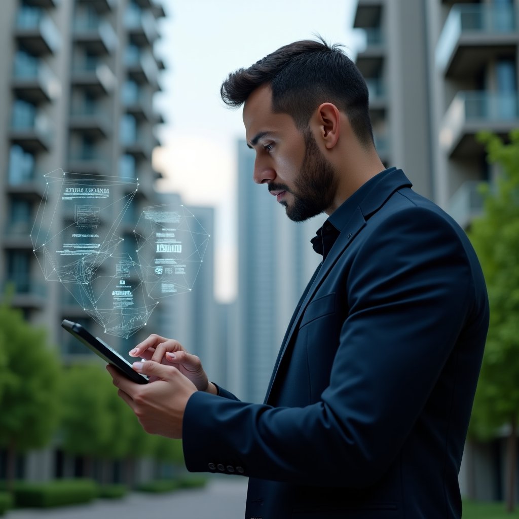 Ultra-realistic condominium manager in a dark navy suit, set in a modern luxury condominium environment with high-rise buildings and lush green landscaping, analyzing a digital tablet with holographic error icons and financial charts floating around, expression thoughtful and determined, cinematic lighting, shallow depth of field, highly detailed textures, realistic skin, photographic realism, 8k resolution --ar 1:1 --v 6