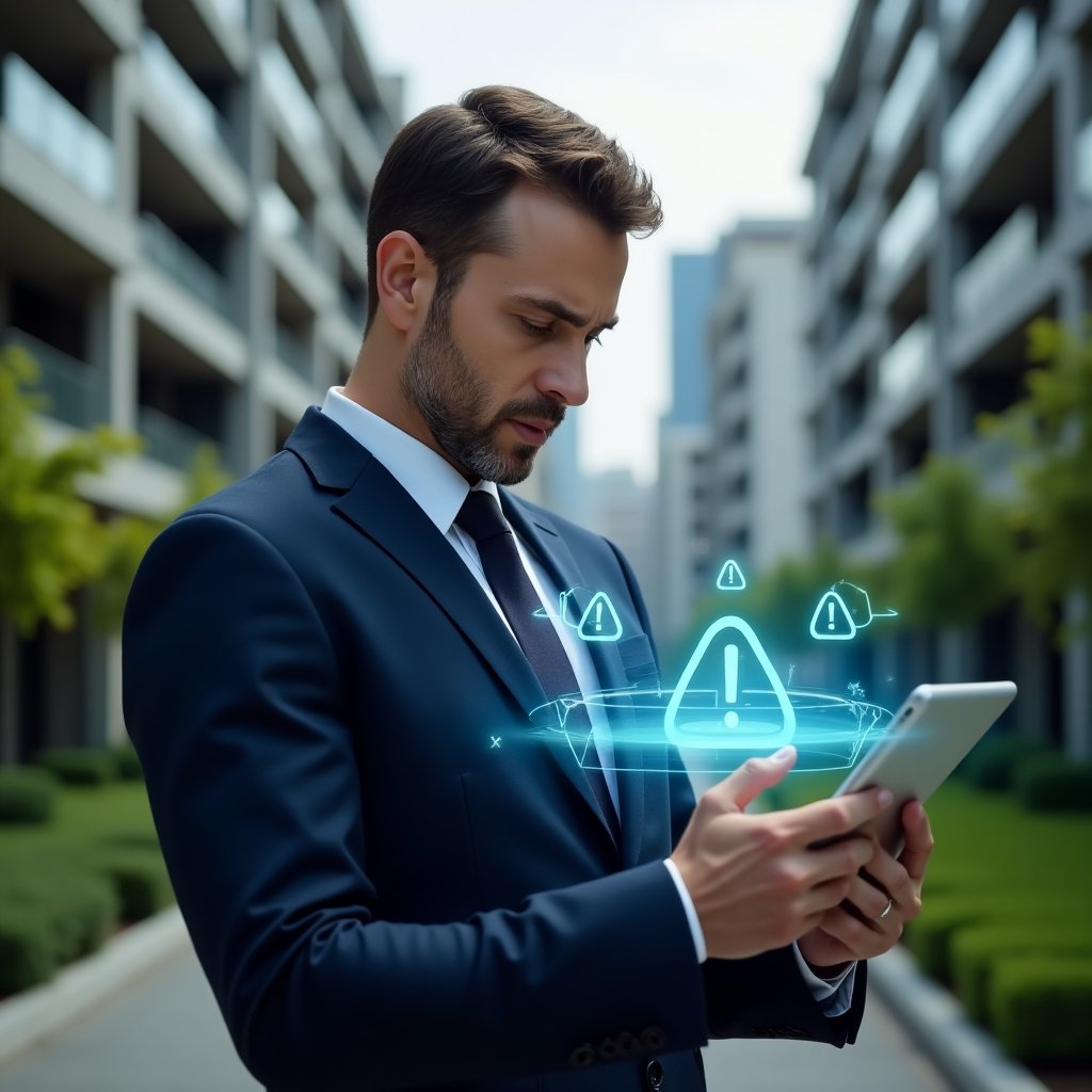 (Ultra-realistic condo manager in a tailored navy suit, set in a modern luxury condominium environment with high-rise buildings and manicured green landscaping, holding a tablet displaying a management app with glowing warning icons and holographic exclamation marks around the screen to illustrate common implementation errors, thoughtful and slightly concerned expression, cinematic lighting, shallow depth of field, highly detailed textures, realistic skin, photographic realism, 8k resolution --ar 1:1 --v 6)