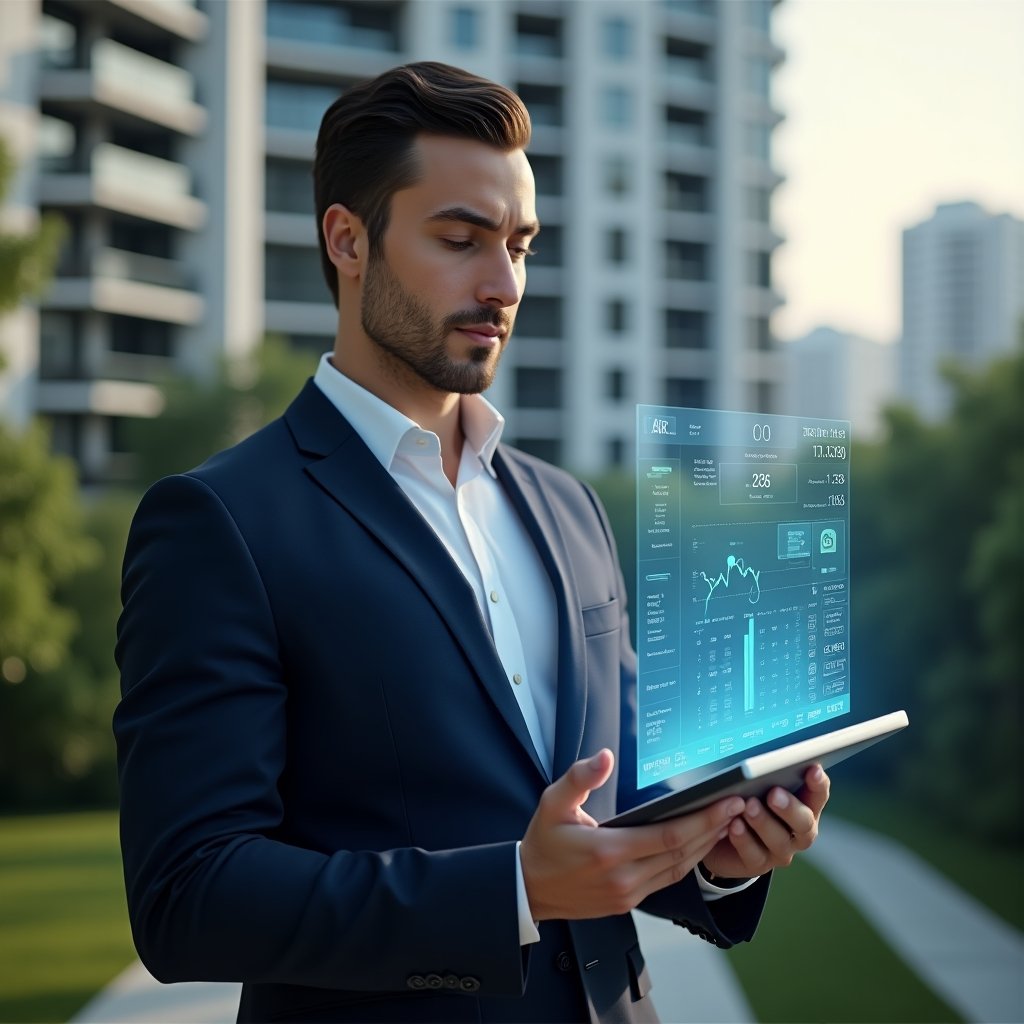 (Ultra-realistic condominium manager in a tailored navy suit, set in a modern luxury condominium environment with high-rise buildings and manicured greenery, confidently analyzing a holographic budget chart floating above a tablet, translucent financial graphs and icons symbolizing expense control, cinematic lighting, shallow depth of field, highly detailed textures, realistic skin, photographic realism, 8k resolution --ar 1:1 --v 6)
