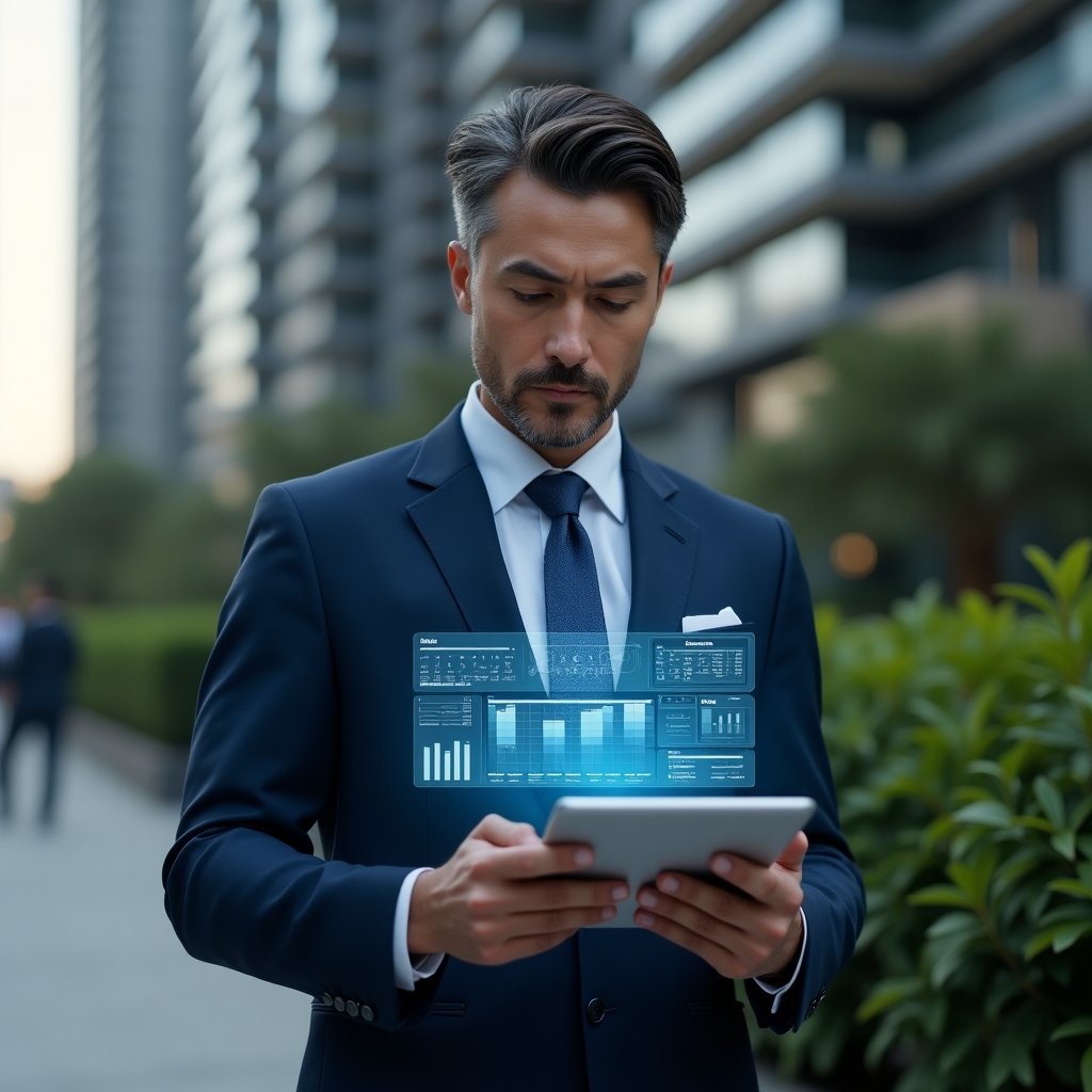 (Ultra-realistic condominium manager in a navy executive suit, set in a modern luxury condominium environment with high-rise buildings and lush landscaping, holding a transparent tablet displaying holographic dashboards and icons for financial charts, calendar reservations and maintenance tasks, confidently analyzing the digital interface with a focused expression, cinematic lighting, shallow depth of field, highly detailed textures, realistic skin, photographic realism, 8k resolution --ar 1:1 --v 6)