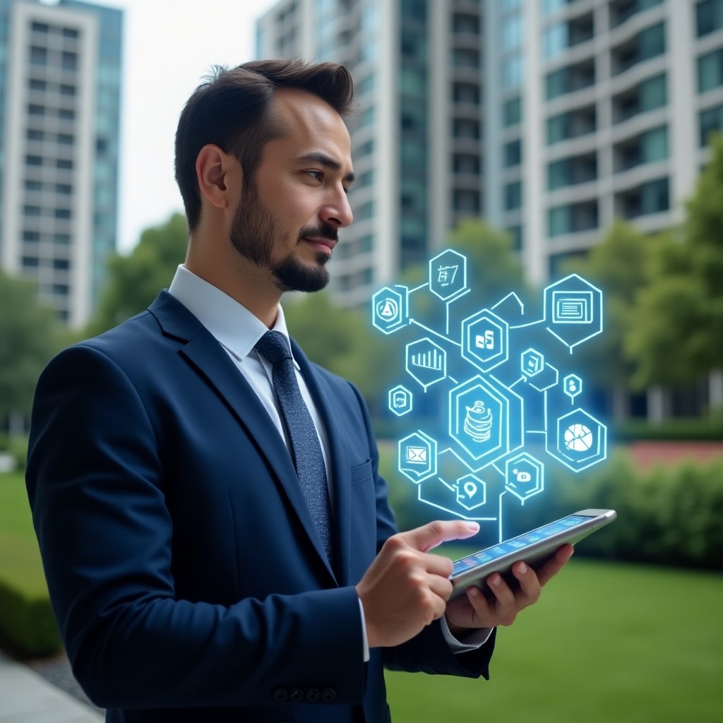 Ultra-realistic condominium manager in a navy tailored suit, set in a modern luxury condominium environment with high-rise buildings and manicured green landscaping, holding a tablet displaying holographic icons of financial graphs, access control, chat bubbles, calendar, maintenance tools, incident reports and analytics, confidently pointing at the floating interface, cinematic lighting, shallow depth of field, highly detailed textures, realistic skin, photographic realism, 8k resolution --ar 1:1 --v 6