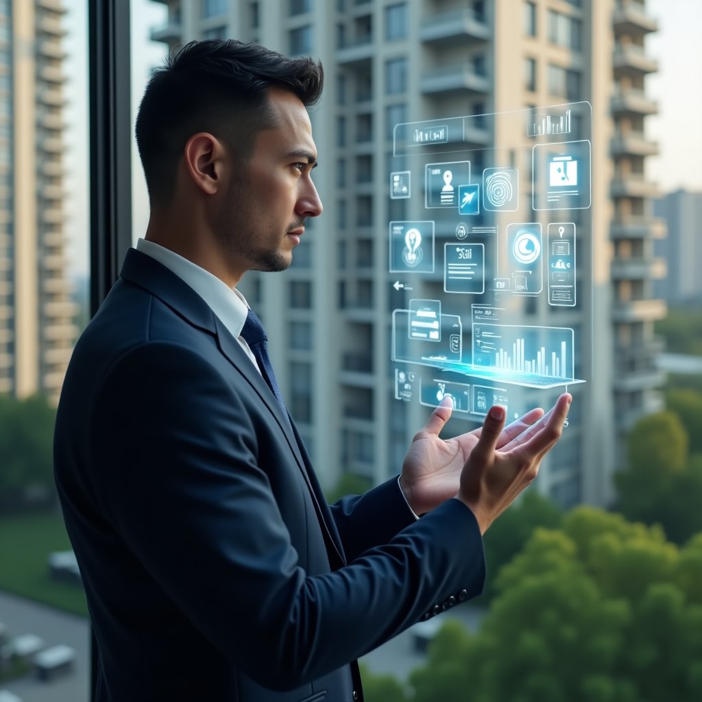 (Ultra-realistic condominium manager in a navy suit, set in a modern luxury condominium environment with high-rise buildings and lush green landscaping, confidently examining floating holographic icons representing financial charts, visitor access control, space reservations, maintenance schedules, performance reports and system integrations, cinematic lighting, shallow depth of field, highly detailed textures, realistic skin, photographic realism, 8k resolution --ar 1:1 --v 6)