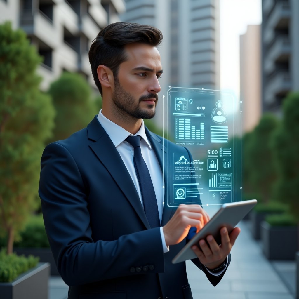 Ultra-realistic condominium manager in a tailored navy suit, set in a modern luxury condominium environment with high-rise buildings and lush green landscaping, holding a tablet displaying holographic icons of notifications, financial charts, booking calendar, maintenance requests, and access control, confidently gesturing toward the floating app interface, cinematic lighting, shallow depth of field, highly detailed textures, realistic skin, photographic realism, 8k resolution --ar 1:1 --v 6
