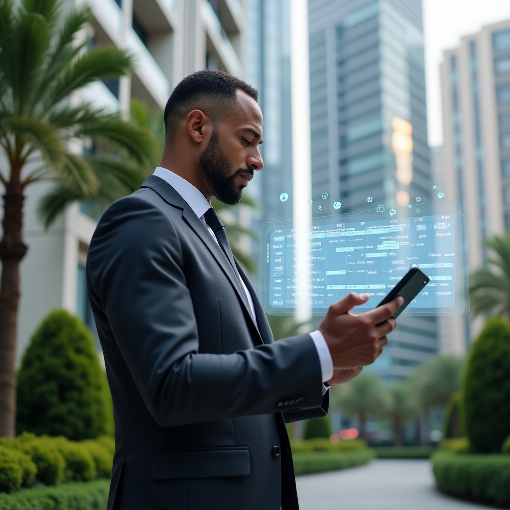 Ultra-realistic property manager in a dark gray tailored suit, set in a modern luxury condominium environment with high-rise buildings and well-manicured green landscaping, holding a digital tablet displaying a holographic maintenance schedule calendar, analyzing the timeline with a confident, focused expression, holographic icons for cleaning, inspection and maintenance floating around, cinematic lighting, shallow depth of field, highly detailed textures, realistic skin, photographic realism, 8k resolution --ar 1:1 --v 6