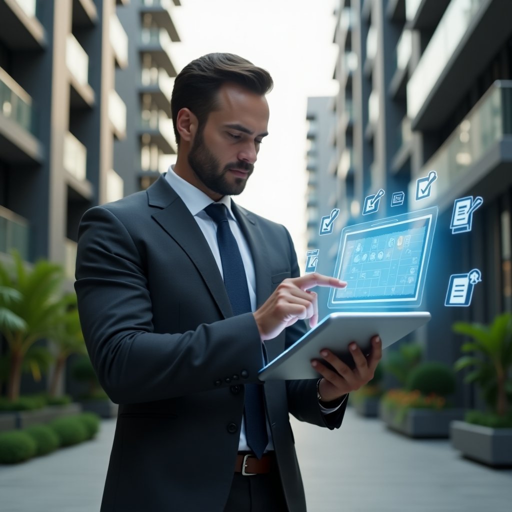 Ultra-realistic condominium manager in a charcoal suit, set in a modern luxury condominium environment with high-rise buildings and green landscaping, holding a digital tablet displaying a floating holographic weekly schedule, pointing at the hologram confidently, holographic checklist icons and calendar symbols hovering around, cinematic lighting, shallow depth of field, highly detailed textures, realistic skin, photographic realism, 8k resolution --ar 1:1 --v 6