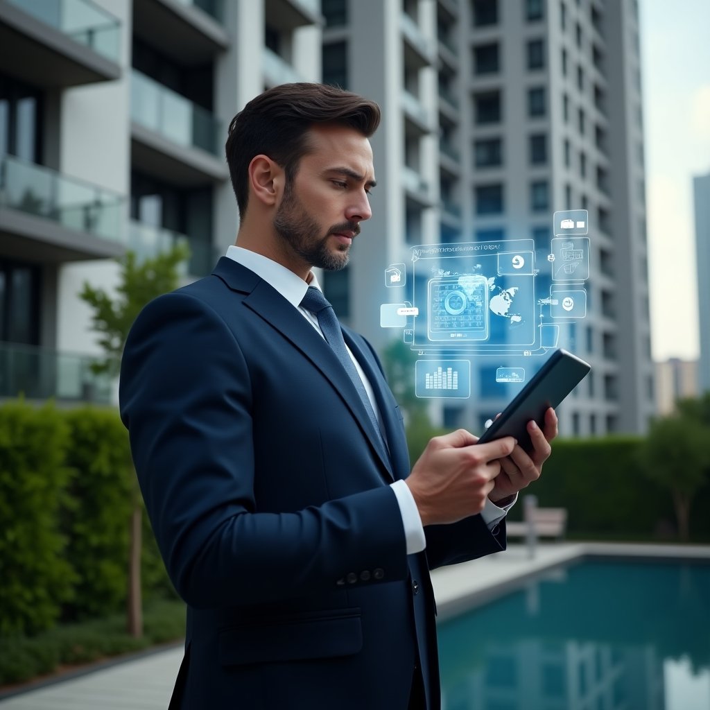 (Ultra-realistic condominium manager in a tailored navy suit, set in a modern luxury condominium environment with high-rise buildings and manicured green landscaping, holding a holographic tablet interface displaying app icons for communication, financial charts and reservation calendars, confidently interacting with virtual elements, glowing holographic chat bubbles and graphs floating around, cinematic lighting, shallow depth of field, highly detailed textures, realistic skin, photographic realism, 8k resolution --ar 1:1 --v 6)