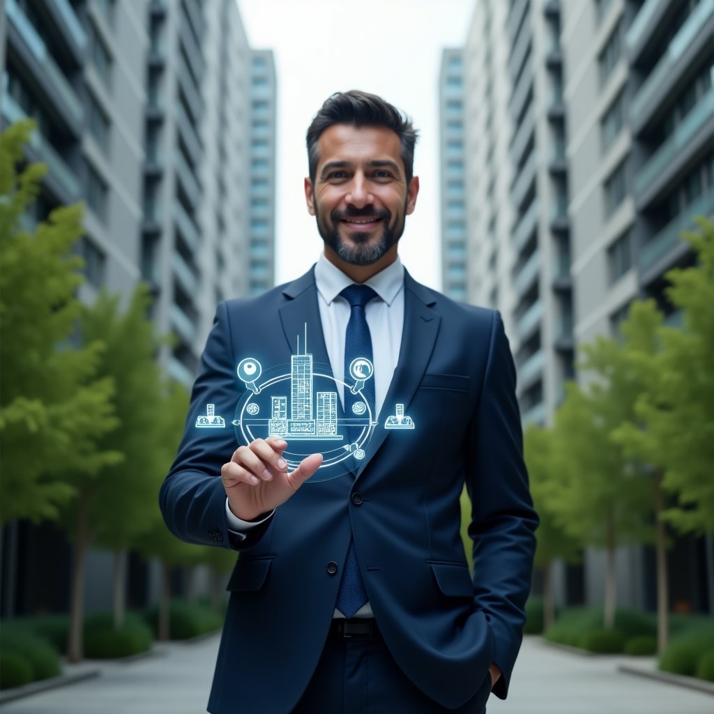 Ultra-realistic condominium manager in a tailored navy suit, set in a modern luxury condominium environment with high-rise buildings and meticulously landscaped greenery, mid-shot of a confident administrator holding a transparent holographic interface displaying building icons, financial charts and scheduling symbols, conveying an integrated management system, cinematic lighting, shallow depth of field, highly detailed textures, realistic skin, photographic realism, 8k resolution --ar 1:1 --v 6
