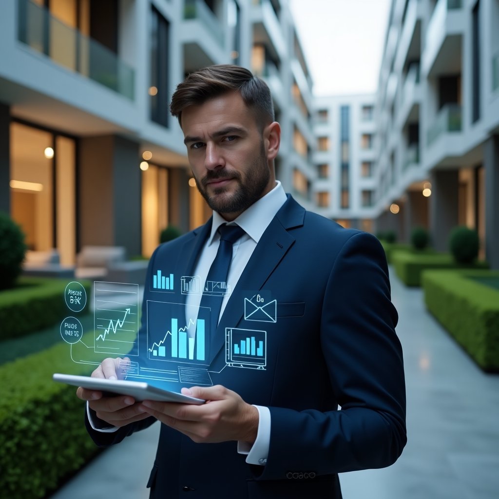 Ultra-realistic condominium manager in a navy suit, set in a modern luxury condominium environment with high-rise buildings and manicured green landscaping, holding a transparent tablet displaying holographic financial reports and graphs, confidently reviewing digitalized accounting data, floating icons of charts and documents around them, cinematic lighting, shallow depth of field, highly detailed textures, realistic skin, photographic realism, 8k resolution --ar 1:1 --v 6