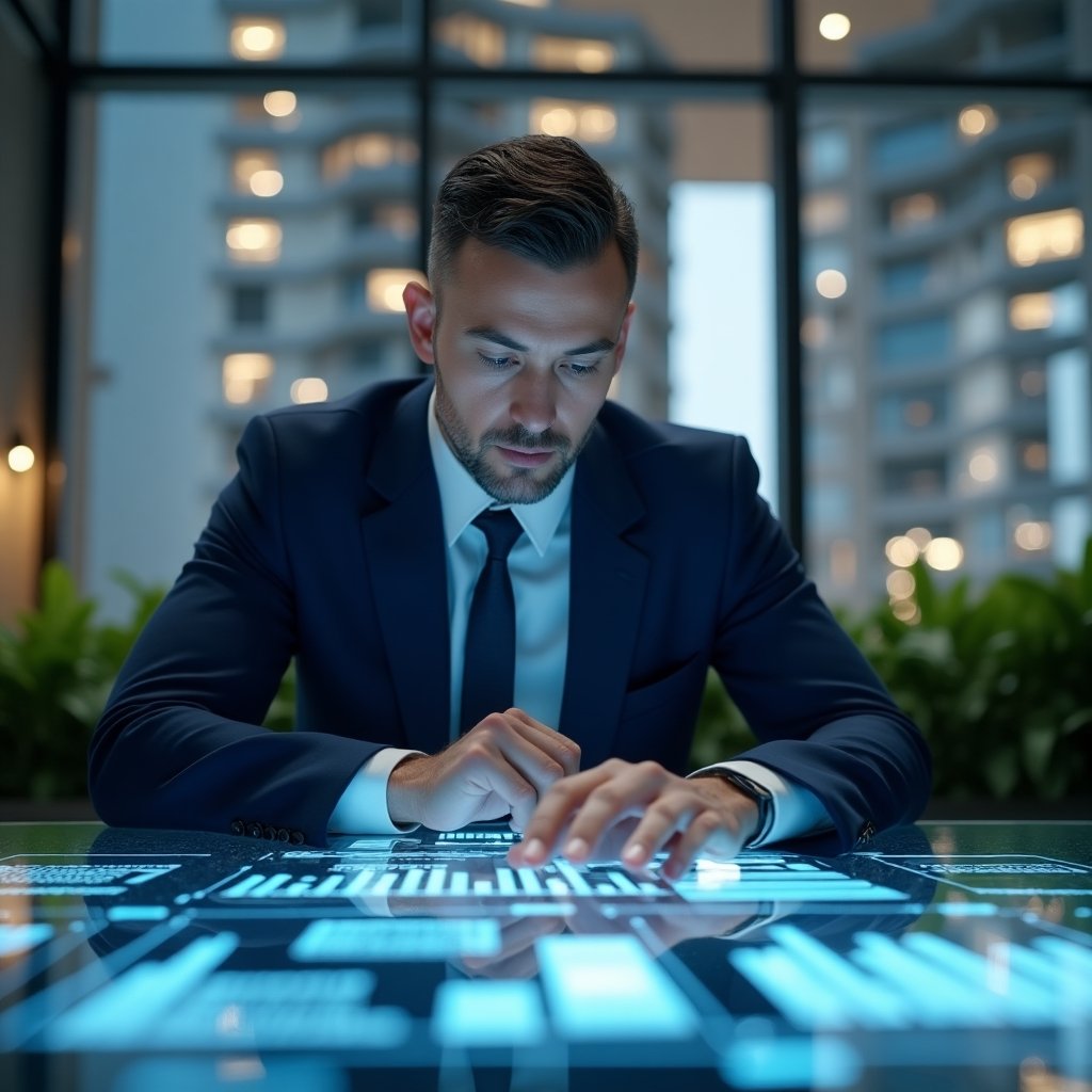 Ultra-realistic condominium manager in a dark blue suit, set in a modern luxury condominium environment with high-rise buildings and green landscaping, examining holographic financial charts projected above a sleek glass table, confident and focused expression, floating icons of bar graphs and spreadsheets around them, cinematic lighting, shallow depth of field, highly detailed textures, realistic skin, photographic realism, 8k resolution --ar 1:1 --v 6