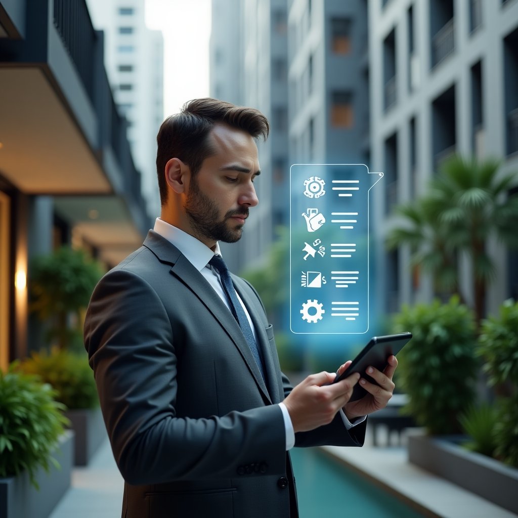 Ultra-realistic condominium manager in a charcoal gray suit, set in a modern luxury condominium environment with high-rise buildings and lush green landscaping, analyzing a holographic checklist projected from a sleek tablet, holographic icons of warning symbols and gears symbolizing common management errors floating around them, cinematic lighting, shallow depth of field, highly detailed textures, realistic skin, photographic realism, 8k resolution --ar 1:1 --v 6