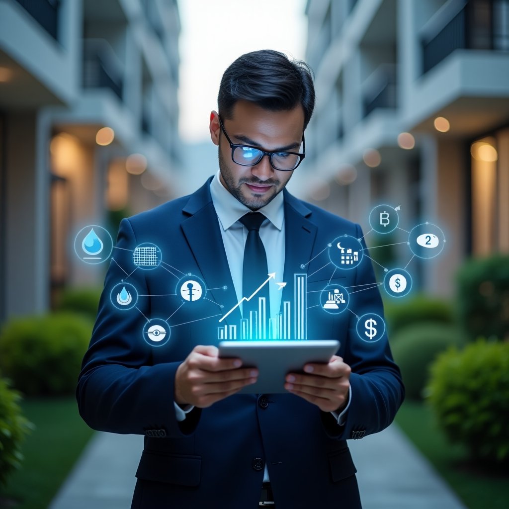 (Ultra-realistic condominium manager in a navy-blue executive suit, set in a modern luxury condominium environment with high-rise buildings and manicured green landscaping, holding a digital tablet and reviewing a glowing holographic chart of cost-saving strategies, surrounded by semi-transparent icons of solar panels, water droplets and money symbols, cinematic lighting, shallow depth of field, highly detailed textures, realistic skin, photographic realism, 8k resolution --ar 1:1 --v 6)
