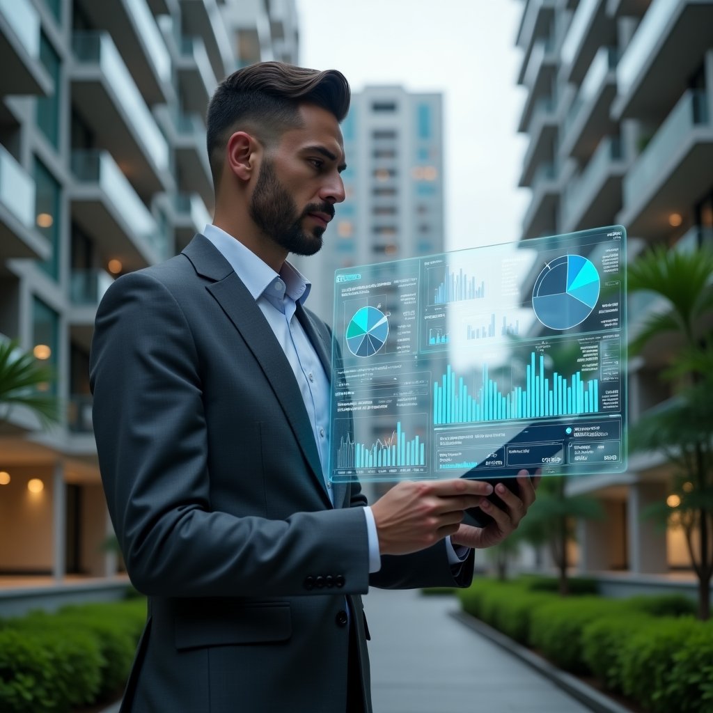 Ultra-realistic condominium manager in a charcoal gray suit, set in a modern luxury condominium environment with high-rise buildings and manicured green landscaping, analyzing a futuristic holographic dashboard displaying financial charts and key performance indicators, floating pie charts and bar graphs symbolizing transparency and control, confident and focused expression, cinematic lighting, shallow depth of field, highly detailed textures, realistic skin, photographic realism, 8k resolution --ar 1:1 --v 6