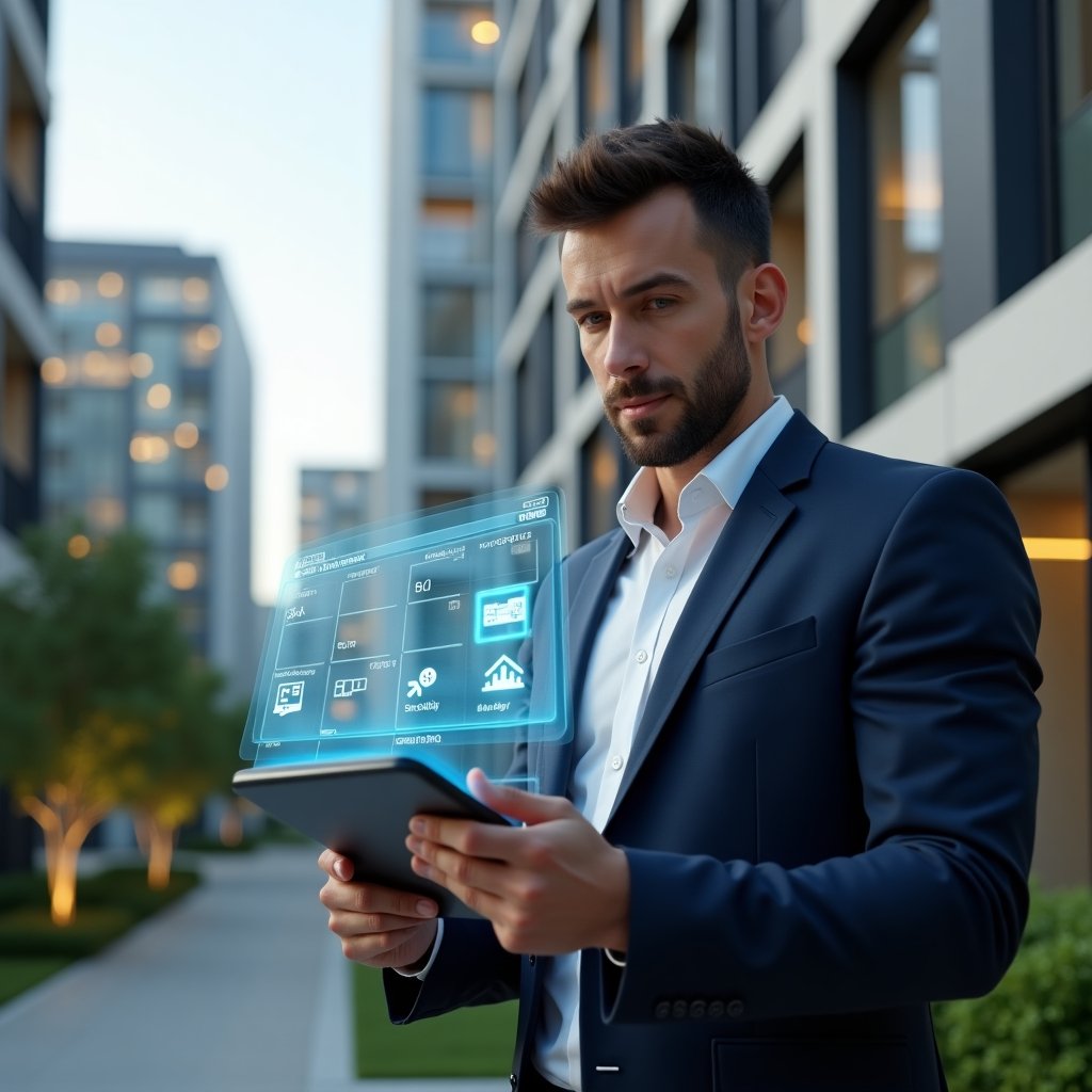 Ultra-realistic property manager in a navy suit, set in a modern luxury condominium environment with high-rise buildings and manicured green landscaping, holding a tablet and analyzing a holographic calendar overlay displaying maintenance, assembly, and event icons, confident expression, cinematic lighting, shallow depth of field, highly detailed textures, realistic skin, photographic realism, 8k resolution --ar 1:1 --v 6