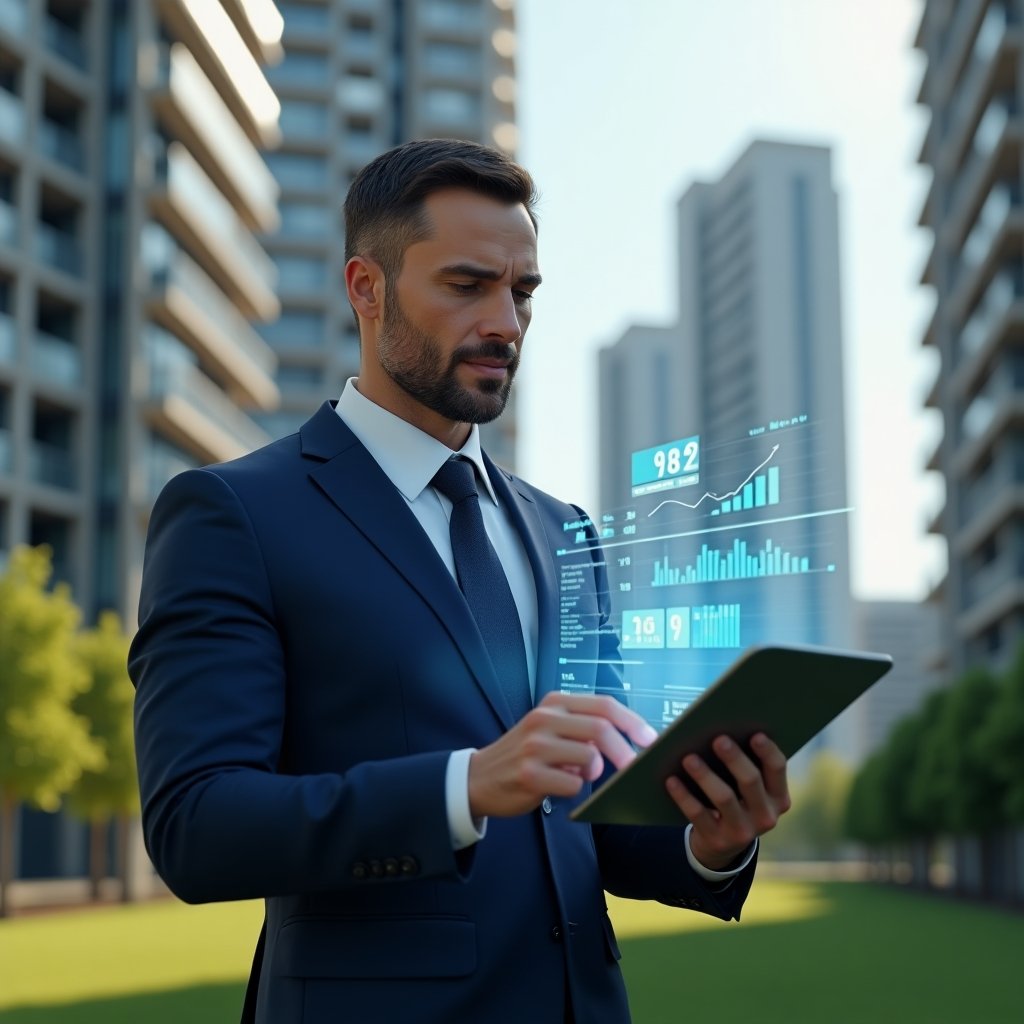 Ultra-realistic condominium manager in a navy blue suit, set in a modern luxury condominium environment with high-rise buildings and well-manicured green landscaping, reviewing a holographic financial report with floating charts and graphs, confident and focused expression, cinematic lighting, shallow depth of field, highly detailed textures, realistic skin, photographic realism, 8k resolution --ar 1:1 --v 6
