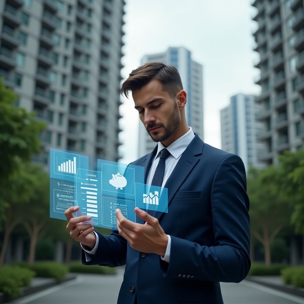 (Ultra-realistic condominium manager in a dark blue tailored suit, set in a modern luxury condominium environment with high-rise buildings and lush green landscaping, examining holographic financial charts and budget spreadsheets floating before them, holographic icons of piggy bank and rising graphs symbolizing cost control, confident and focused expression, cinematic lighting, shallow depth of field, highly detailed textures, realistic skin, photographic realism, 8k resolution --ar 1:1 --v 6)