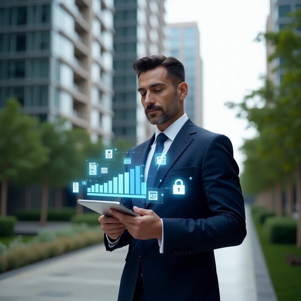 (Ultra-realistic condominium manager in a navy executive suit, set in a modern luxury condominium environment with high-rise buildings and manicured greenery, holding a tablet displaying holographic financial charts and digital icons of transparency and security, standing in a confident, focused pose, subtle holograms of documents and padlock symbols floating around, cinematic lighting, shallow depth of field, highly detailed textures, realistic skin, photographic realism, 8k resolution --ar 1:1 --v 6)
