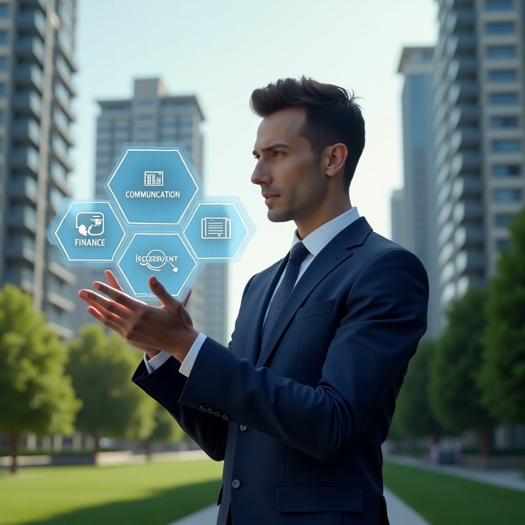 Ultra-realistic property manager in a navy executive suit, set in a modern luxury condominium environment with high-rise buildings and manicured green landscaping, confidently interacting with a floating holographic dashboard displaying icons for communication, finance and reservations, cinematic lighting, shallow depth of field, highly detailed textures, realistic skin, photographic realism, 8k resolution --ar 1:1 --v 6