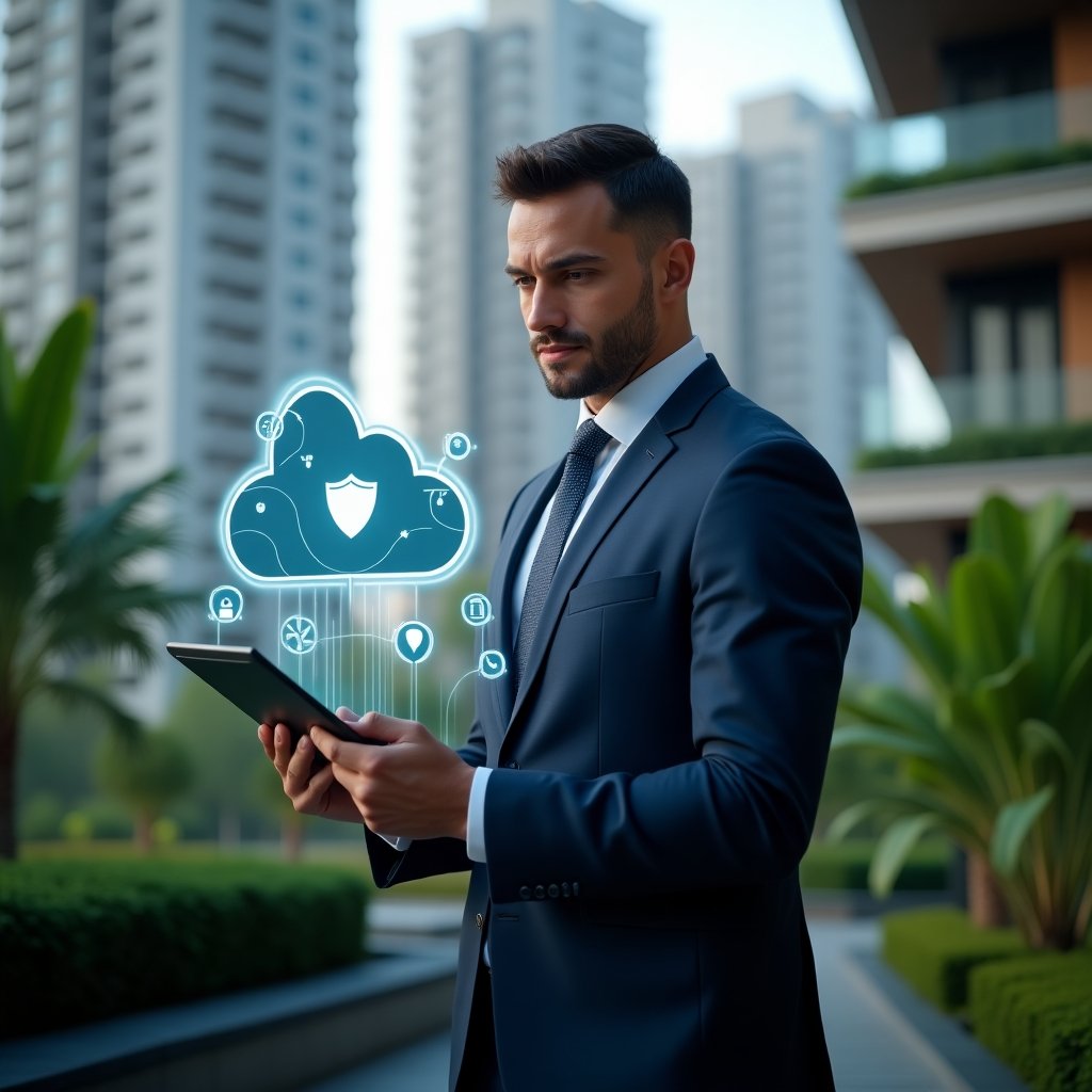 Ultra-realistic condominium manager in a tailored navy suit, set in a modern luxury condominium environment with high-rise buildings and lush green landscaping, holding a sleek tablet displaying a holographic cloud management interface with icons for communication, security shield, transparency chart and chat bubbles, confidently analyzing data, cinematic lighting, shallow depth of field, highly detailed textures, realistic skin, photographic realism, 8k resolution --ar 1:1 --v 6