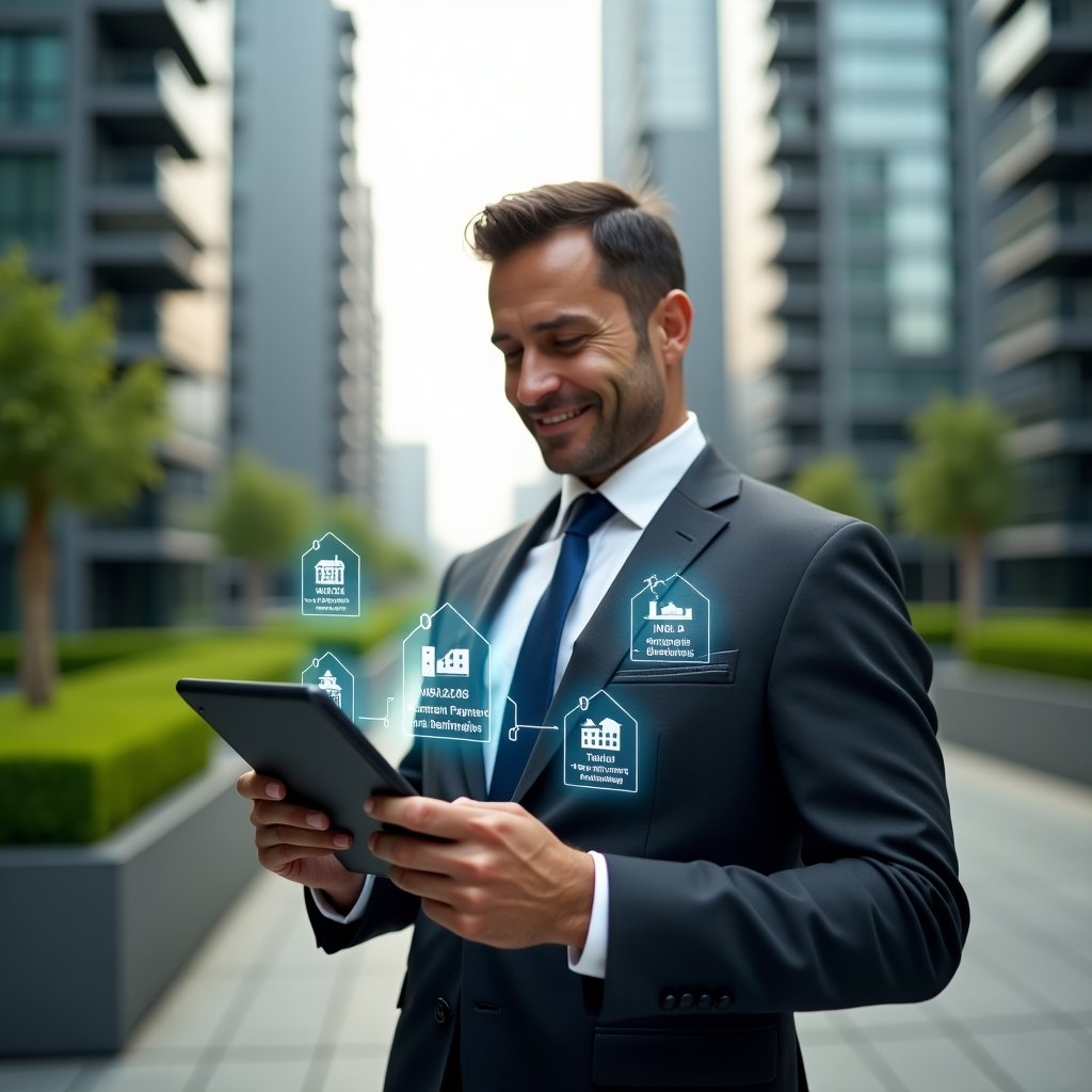 Ultra-realistic condominium manager in a charcoal suit, set in a modern luxury condominium environment with high-rise buildings and manicured green landscaping, holding a tablet displaying holographic apartment icons and billing notifications, reviewing automated payment reminders with a confident smile, augmented reality graphs floating beside them, cinematic lighting, shallow depth of field, highly detailed textures, realistic skin, photographic realism, 8k resolution --ar 1:1 --v 6