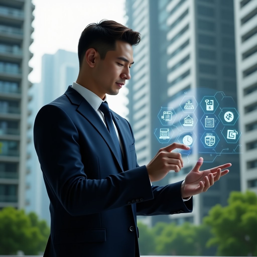 Ultra-realistic condominium manager in a sleek navy suit, set in a modern luxury condominium environment with high-rise buildings and lush green landscaping, confidently interacting with a floating holographic interface displaying icons for scheduling, finance, access control, maintenance and communication, cinematic lighting, shallow depth of field, highly detailed textures, realistic skin, photographic realism, 8k resolution --ar 1:1 --v 6
