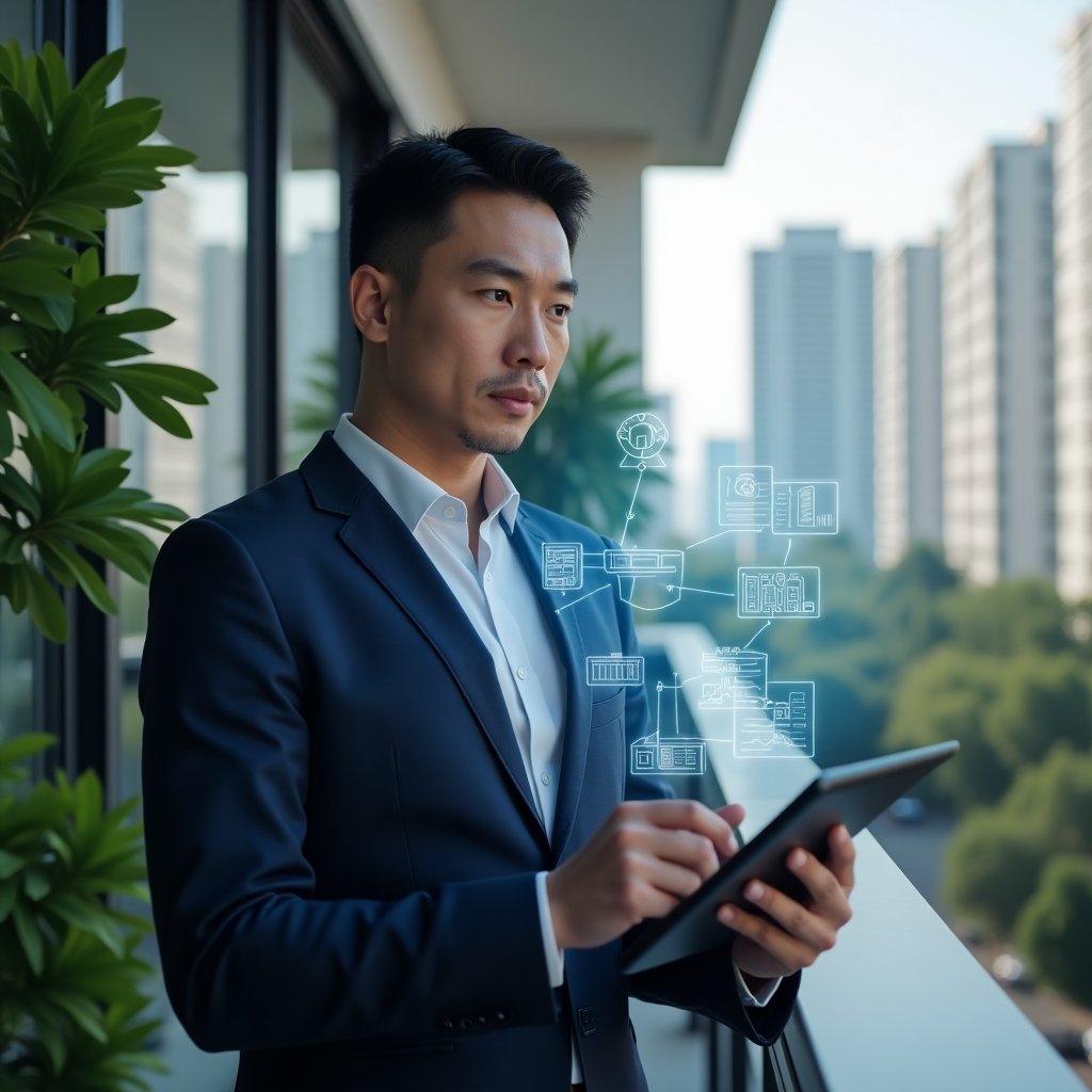 (Ultra-realistic condominium manager in a tailored navy suit, set in a modern luxury condominium environment with high-rise buildings and lush green landscaping, holding a digital tablet displaying floating holographic charts and condo icons, confidently reviewing data with a focused expression, symbolic holographic interface elements representing digital administration, cinematic lighting, shallow depth of field, highly detailed textures, realistic skin, photographic realism, 8k resolution --ar 1:1 --v 6)