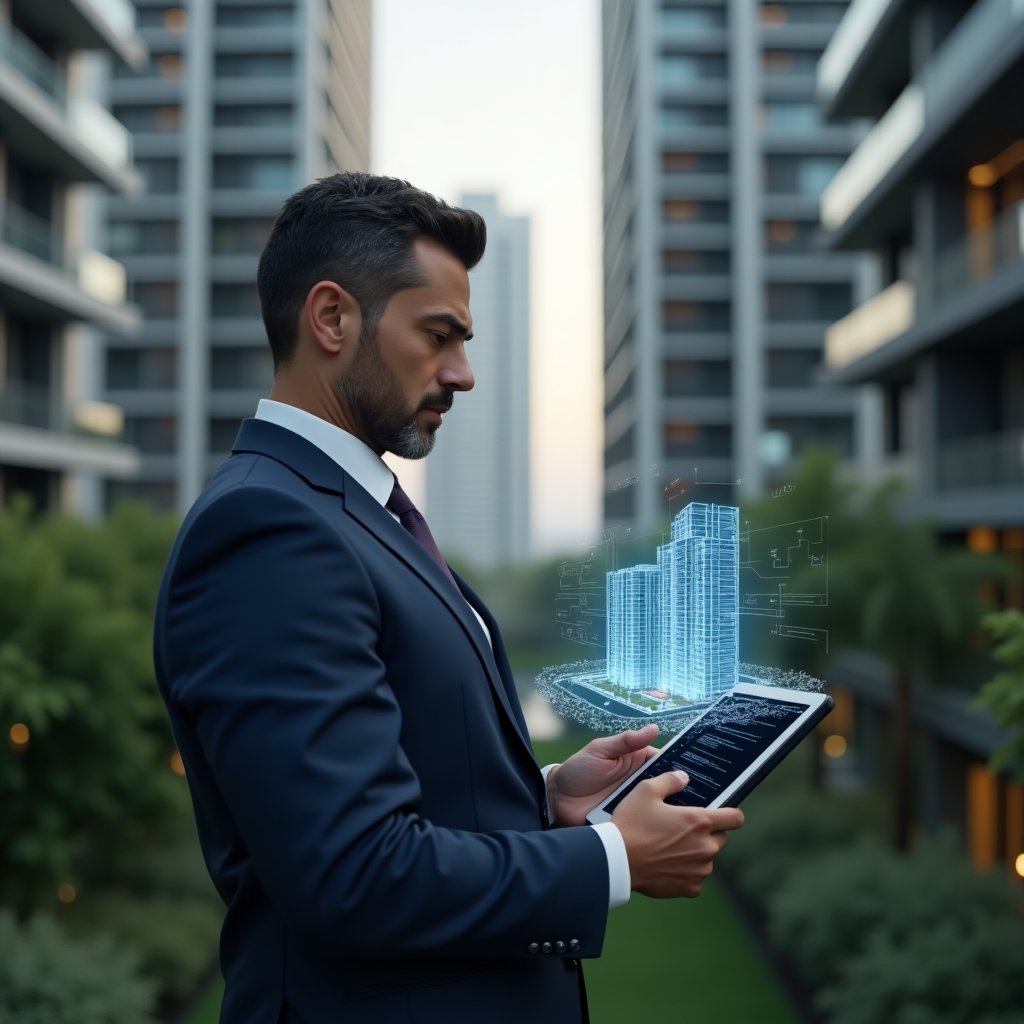 (Ultra-realistic condominium manager in a tailored navy suit, set in a modern luxury condominium environment with high-rise buildings and lush green landscaping, mid-shot focusing on a confident professional reviewing a digital tablet displaying a holographic building blueprint and checklist, pointing at the interface with a thoughtful expression, cinematic lighting, shallow depth of field, highly detailed textures, realistic skin, photographic realism, 8k resolution --ar 1:1 --v 6)