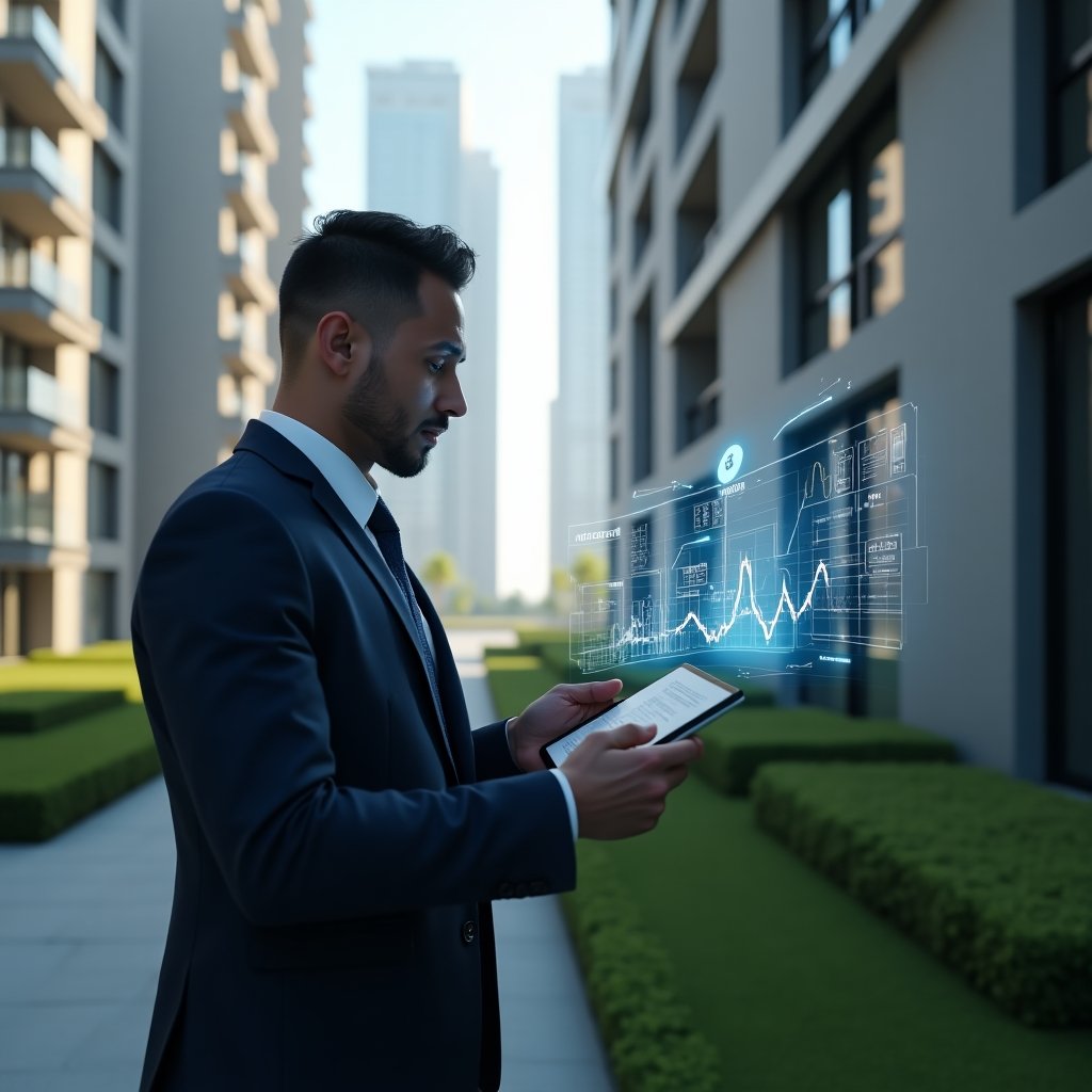 (Ultra-realistic professional condominium manager in a dark blue suit, set in a modern luxury condominium environment with high-rise buildings and manicured green landscaping, medium shot holding a digital tablet and confidently reviewing a holographic aplicativo para condomínio interface with floating icons and digital process graphs, cinematic lighting, shallow depth of field, highly detailed textures, realistic skin, photographic realism, 8k resolution --ar 1:1 --v 6)