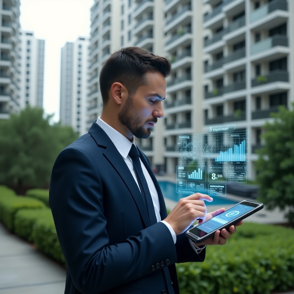 Ultra-realistic condominium manager in a tailored navy suit, set in a modern luxury condominium environment with high-rise buildings and lush green landscaping, holding a digital tablet displaying a floating holographic dashboard of financial graphs, chat bubbles, and security icons, confidently analyzing data, cinematic lighting, shallow depth of field, highly detailed textures, realistic skin, photographic realism, 8k resolution --ar 1:1 --v 6