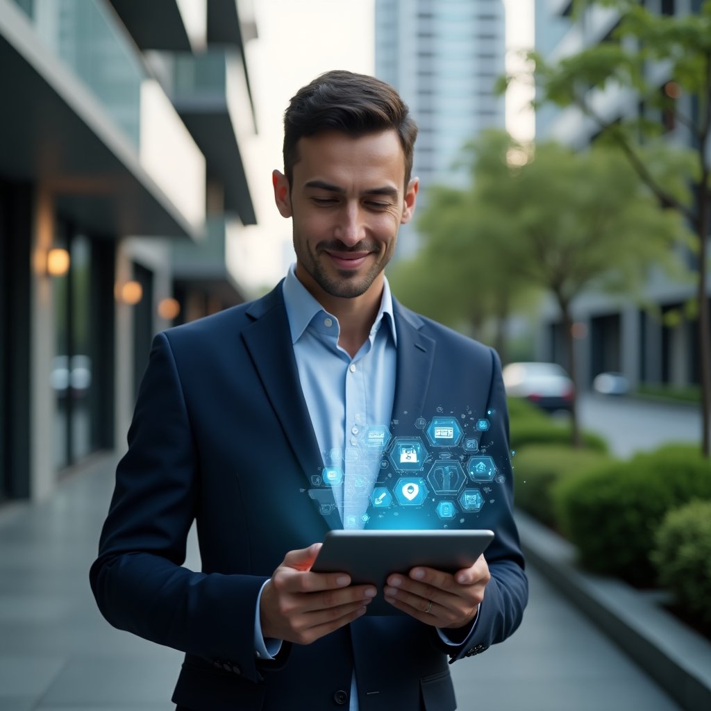 Ultra-realistic condominium manager in a tailored navy suit, set in a modern luxury condominium environment with high-rise buildings and manicured greenery, holding a tablet displaying holographic icons for communication, finance and security, confidently analyzing data with a slight smile, cinematic lighting, shallow depth of field, highly detailed textures, realistic skin, photographic realism, 8k resolution --ar 1:1 --v 6