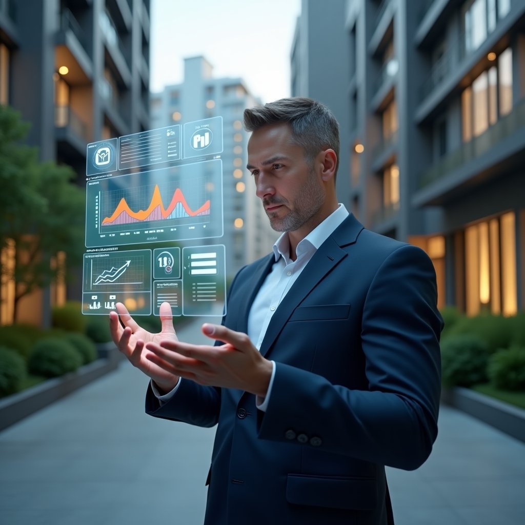 Ultra-realistic condominium manager in a tailored dark blue suit, set in a modern luxury condominium environment with high-rise buildings and lush green landscaping, analyzing a floating holographic dashboard displaying vibrant charts and KPI icons for metrics tracking, confident and focused expression, cinematic lighting, shallow depth of field, highly detailed textures, realistic skin, photographic realism, 8k resolution --ar 1:1 --v 6