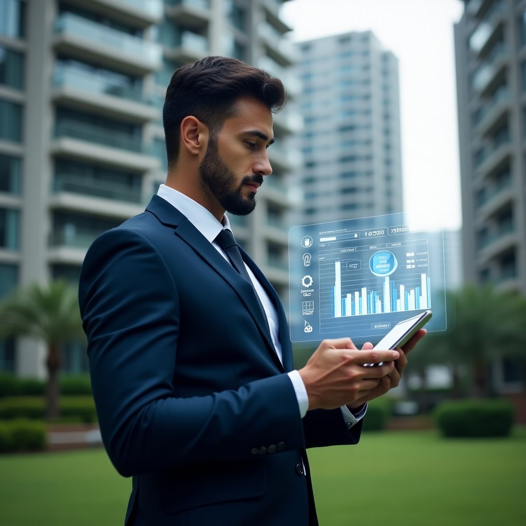 (Ultra-realistic property manager in a navy blue suit, set in a modern luxury condominium environment with high-rise buildings and green landscaping, holding a tablet displaying holographic financial charts and a spreadsheet icon floating beside it, confidently analyzing data, futuristic app interface hologram representing an aplicativo de gestão, cinematic lighting, shallow depth of field, highly detailed textures, realistic skin, photographic realism, 8k resolution --ar 1:1 --v 6)