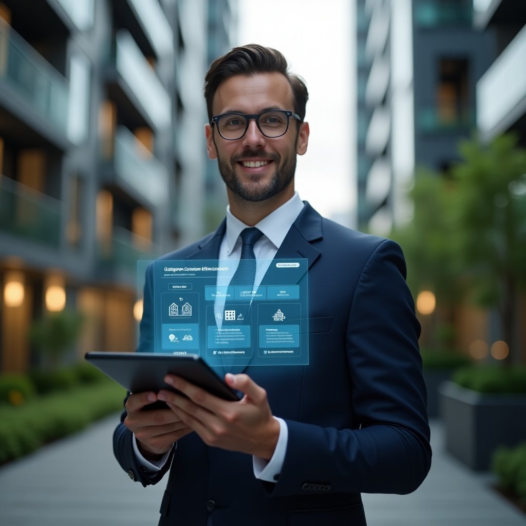 (Ultra-realistic property manager in a tailored navy suit, set in a modern luxury condominium environment with high-rise buildings and lush green landscaping, confidently holding a tablet displaying a holographic condominium management dashboard with icons for finances, bookings, and communication, cinematic lighting, shallow depth of field, highly detailed textures, realistic skin, photographic realism, 8k resolution --ar 1:1 --v 6)