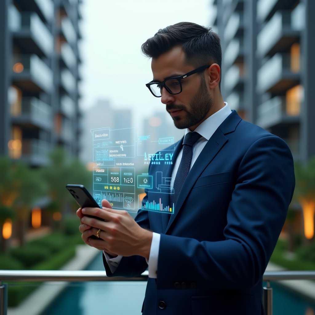 Ultra-realistic professional condominium manager in a navy blue suit, set in a modern luxury condominium environment with high-rise buildings and lush green landscaping, holding a smartphone displaying a holographic interface of building management icons, confidently analyzing real-time data, futuristic holographic graphics floating beside them, cinematic lighting, shallow depth of field, highly detailed textures, realistic skin, photographic realism, 8k resolution --ar 1:1 --v 6